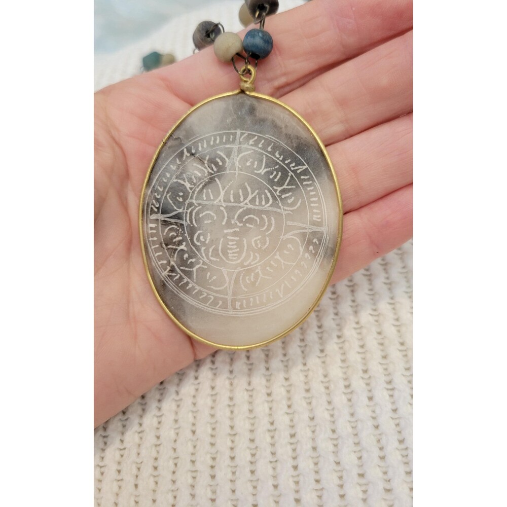 Mexican Aztec Calendar Pendant Necklace – Matte Agate & Onyx Beads, 1990s